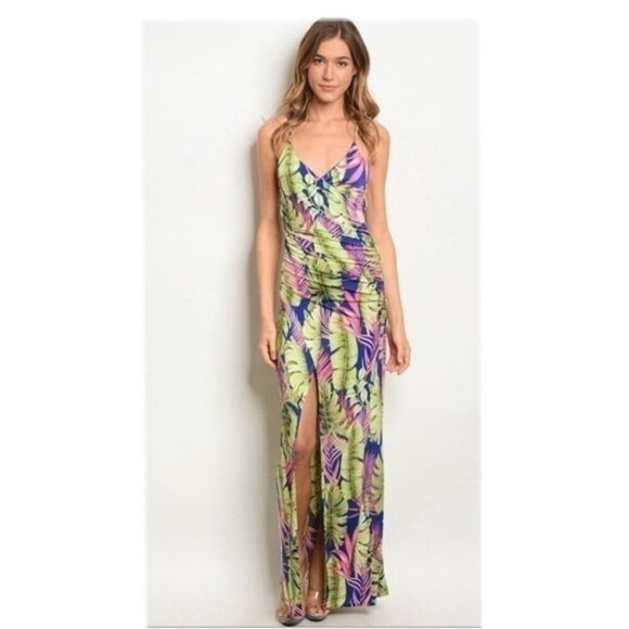 Royal Blue/ Green Alter Open Back High Slit Dress - Picture 1 of 2